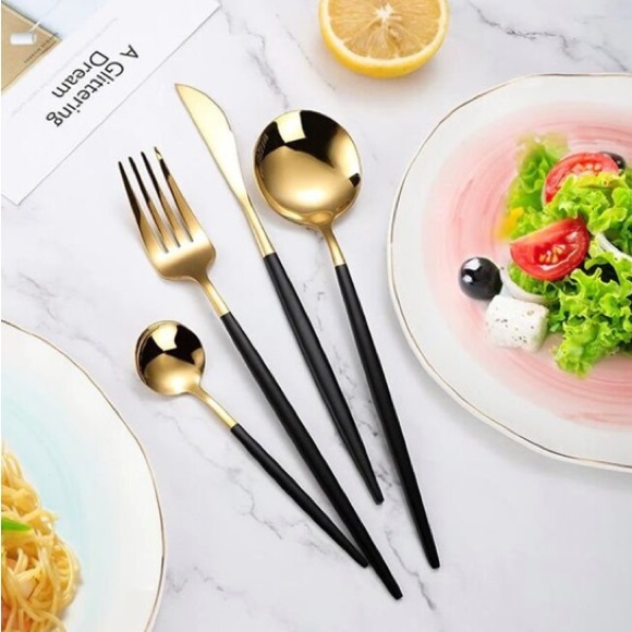 24 Piece Silverware Dinnerware Cutlery Set Black Gold Stainless Steel Elegant - Picture 8 of 12